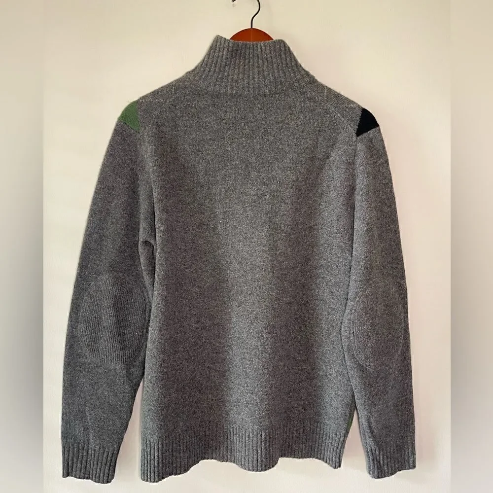 J. Crew 100% Premium Lambswool Argyle Gray Zip Pullover Sweater Size Medium
